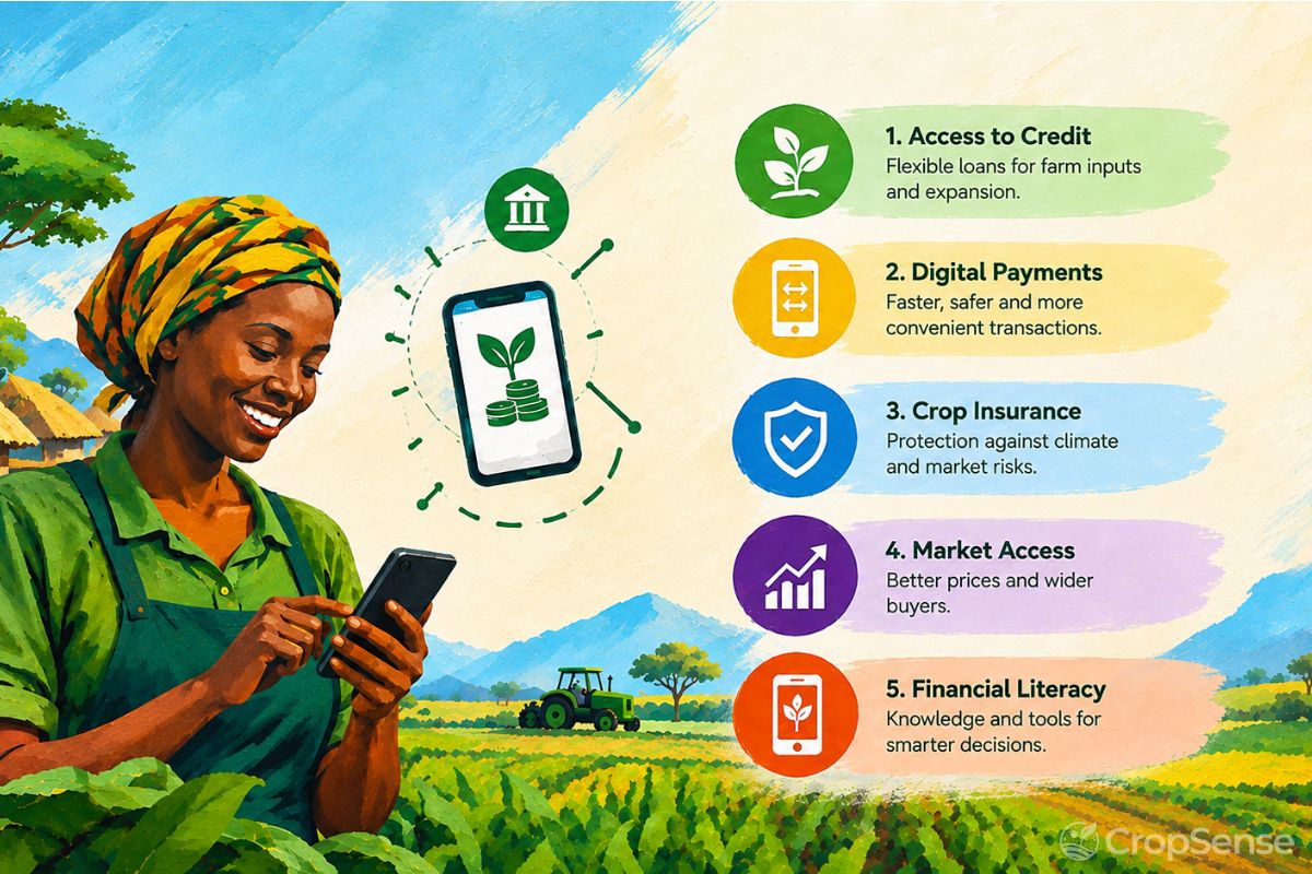 African farmer using a mobile phone in a field, representing agri-fintech and digital farm finance